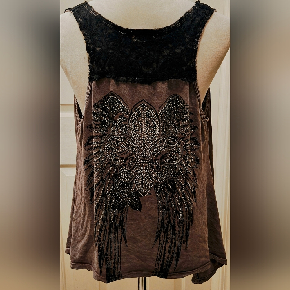 Y2K Vocal Grunge Rhinestone Fleur de lis & Angel Wings w Lace Detail Tank Top - Picture 5 of 14